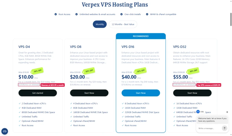 Verpex VPS cards, monthly: VPS-D4 $10.00 then $19.99, D8 $20, D16 $40, D32 $55 then $109.99 a month