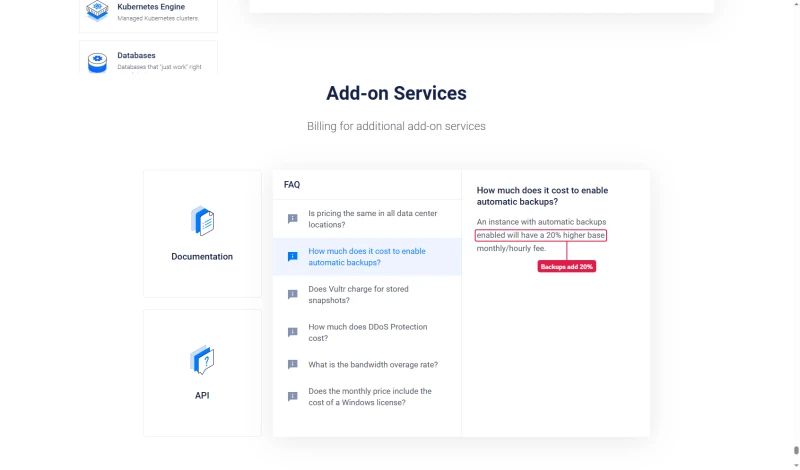 Vultr pricing FAQ: an instance with automatic backups enabled has a 20% higher base monthly or hourly fee
