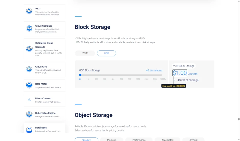 Vultr Block Storage, HDD: 40 GB selected for $1.00 a month