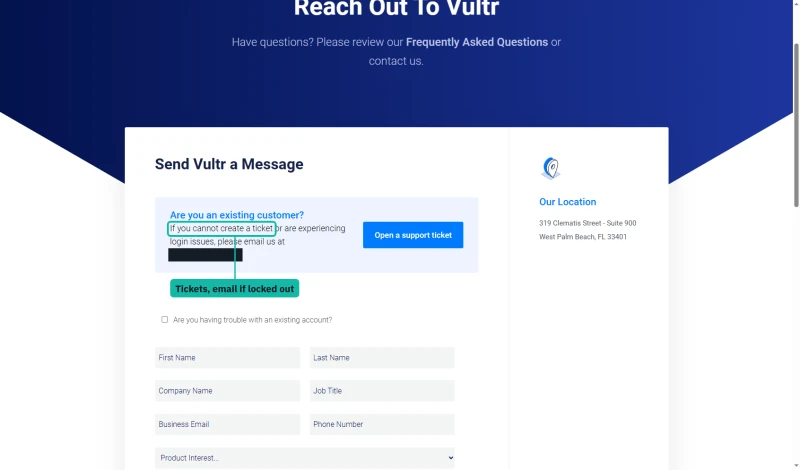 Vultr contact page: existing customers open a support ticket, or email if they cannot create a ticket or log in