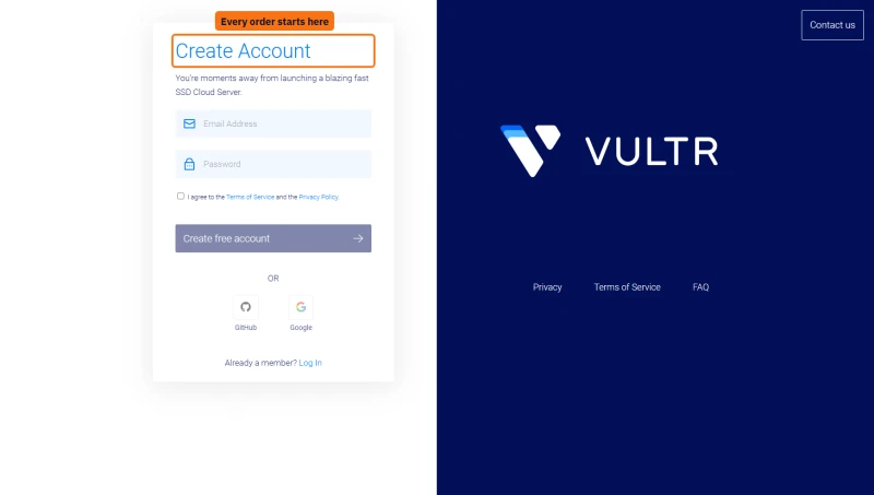 Vultr Create Account page: email, password, terms checkbox and Create free account, or GitHub and Google