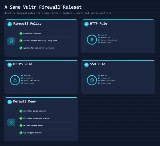 Bento dashboard showing Vultr firewall inbound rules for HTTP 80, HTTPS 443, and SSH 22 with protocol and source settings