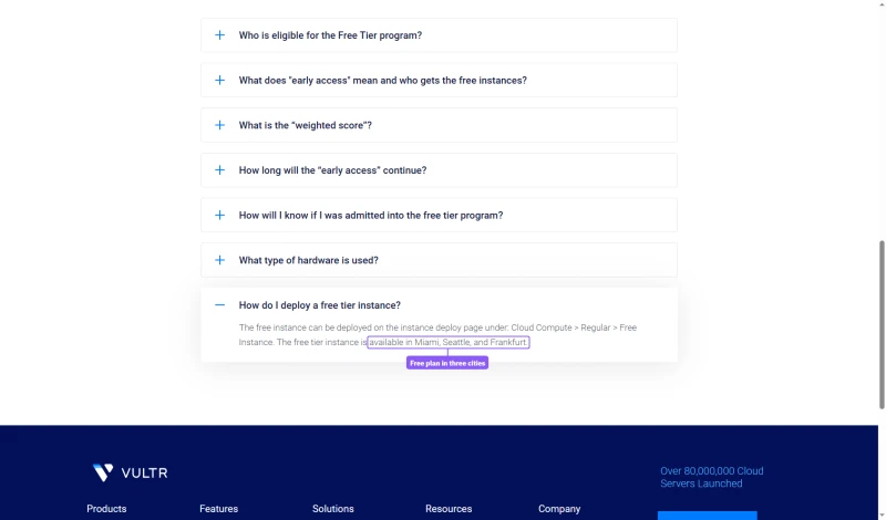 Vultr Free Tier FAQ: deploy under Cloud Compute, Regular, Free Instance; available in Miami, Seattle and Frankfurt