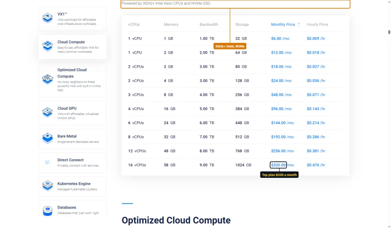 Vultr High Frequency plans: 3GHz+ Intel Xeon and NVMe SSD, $6 a month for 1 vCPU 1 GB up to $320 for 16 vCPUs