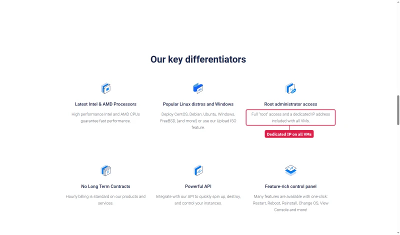 Vultr promo page key differentiators: full root access and a dedicated IP address included with all VMs