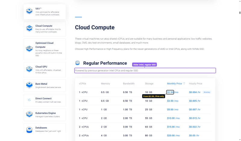 Vultr Cloud Compute, Regular Performance: previous-generation Intel and regular SSD, from $2.50 a month IPv6 only to $20