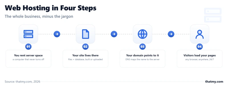 What web hosting is: rent server space, put your site on it, point your domain, visitors load pages
