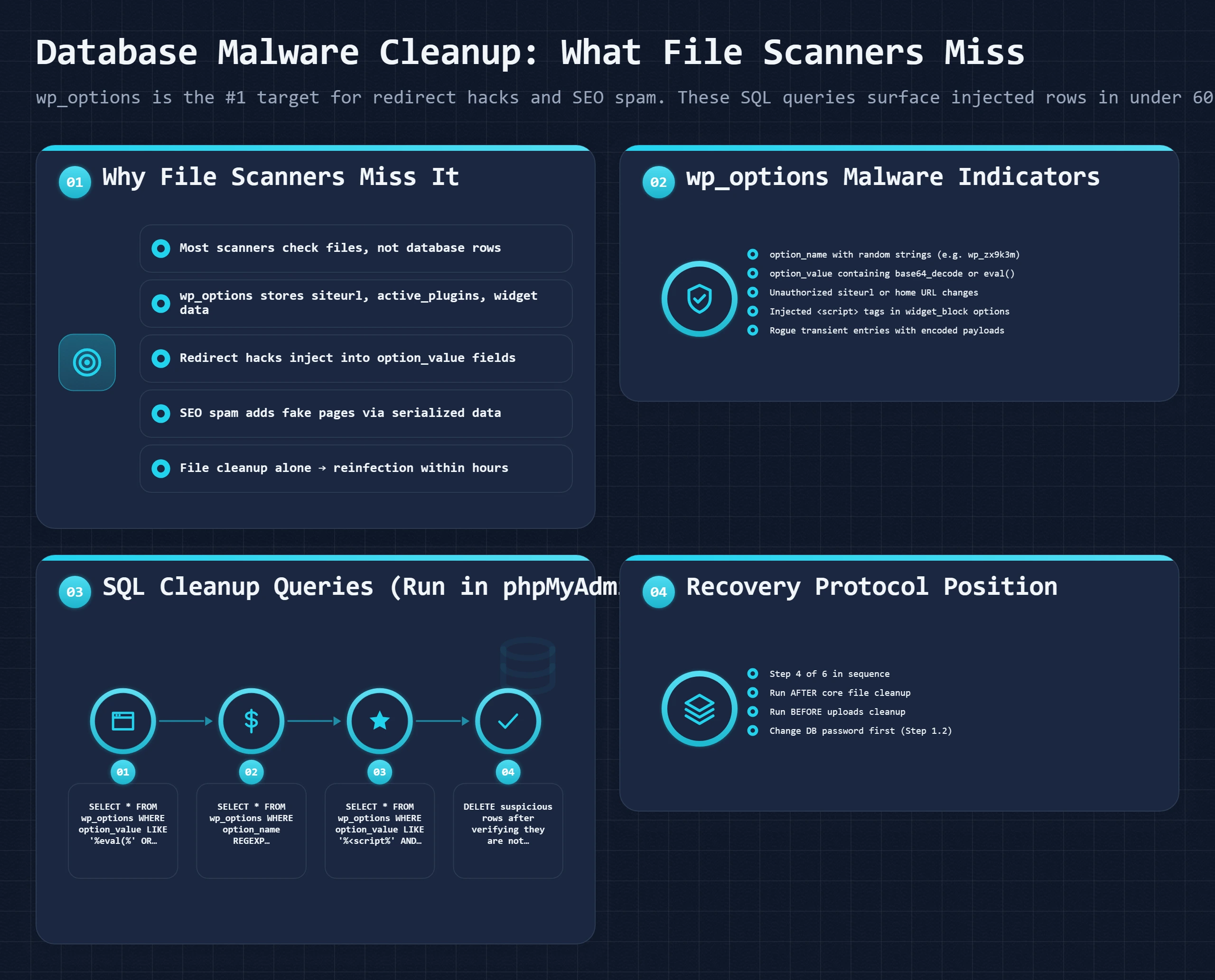 Bento dashboard showing wp_options malware indicators, SQL cleanup queries, and why file scanners miss database injections