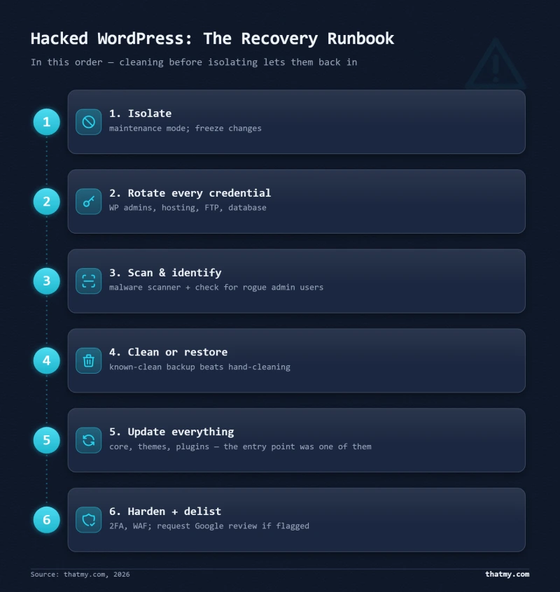 WordPress hack recovery steps: isolate, rotate credentials, scan, restore clean backup, update all, harden