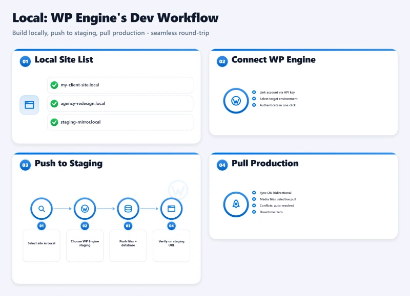 Bento dashboard showing Local by Flywheel dev workflow panels: site list, connect, push to staging, pull production