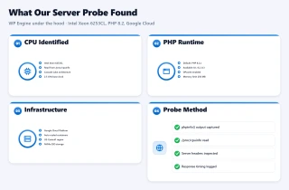 Bento dashboard showing WP Engine server probe results: CPU model, PHP version, and cloud platform details