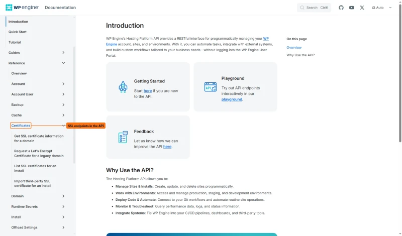 WP Engine API documentation menu with the Certificates group open: four SSL certificate endpoints
