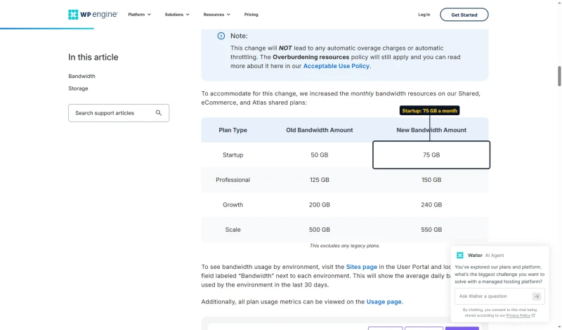 WP Engine bandwidth article: Startup 75 GB, Professional 150 GB, Growth 240 GB, Scale 550 GB a month