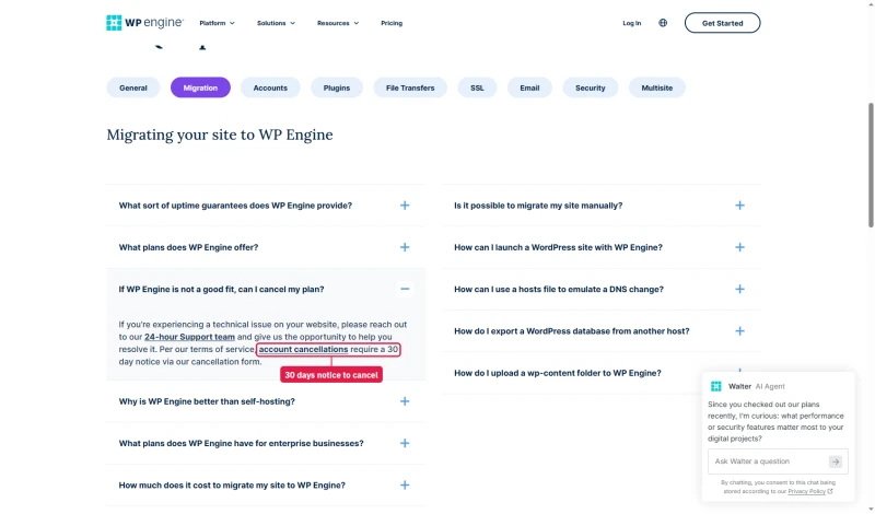 WP Engine FAQ, can I cancel my plan: account cancellations require a 30 day notice via the cancellation form