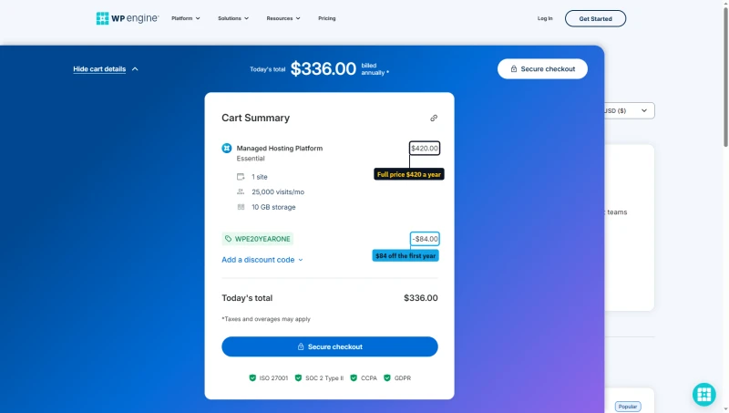 WP Engine cart summary: Essential $420.00, coupon WPE20YEARONE minus $84.00, $336.00 due today