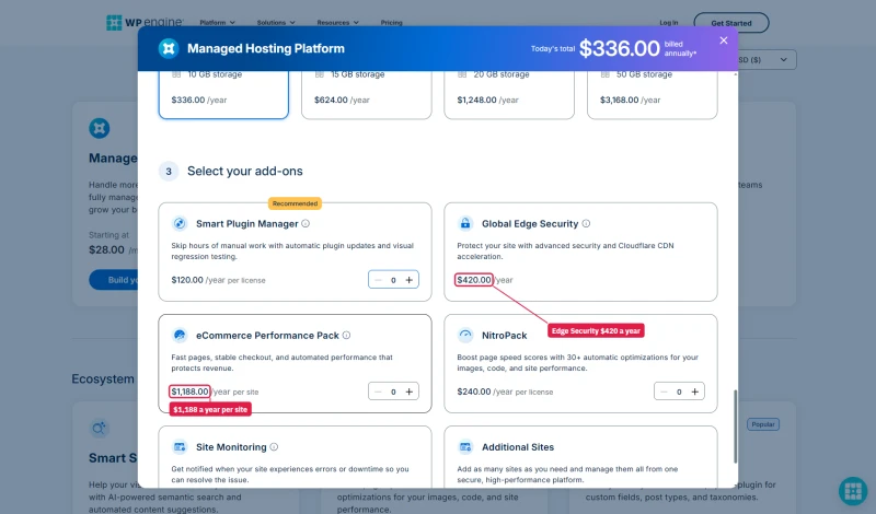 WP Engine add-ons on annual billing: Smart Plugin Manager $120, Global Edge Security $420, eCommerce Performance Pack $1,188