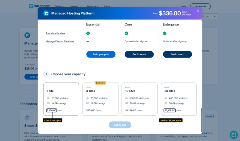 WP Engine configurator on annual billing: first-year prices of $336, $624, $1,248 and $3,168 a year by size