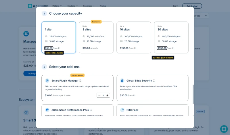 WP Engine configurator on monthly billing: Essential for 1, 3, 10 and 30 sites at $35, $65, $130 and $330 a month