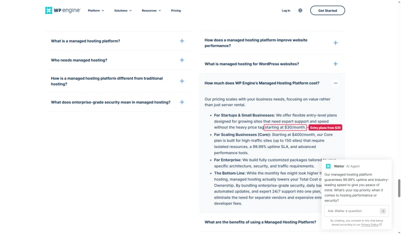 WP Engine managed hosting FAQ: entry-level plans starting at $30 a month