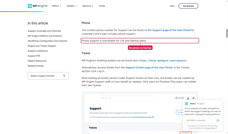 WP Engine support article: phone support is unavailable for Lite and Startup plans; tickets through the User Portal
