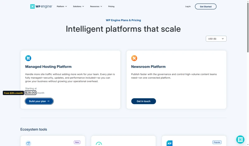 WP Engine plans page in US dollars: Managed Hosting Platform, starting at $28.00 a month