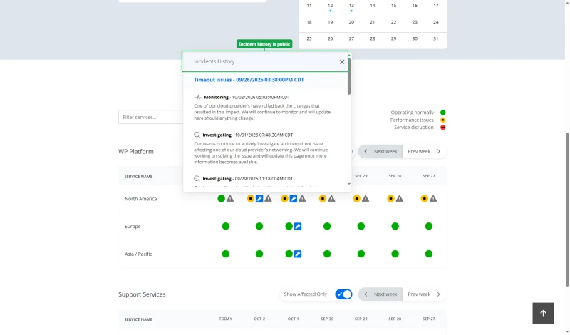 WP Engine status page with the incident history open: a North America timeout incident and its updates