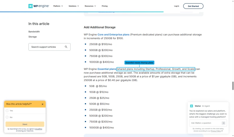 WP Engine storage article: Essential plans, Startup to Scale, can buy extra storage from 5GB at $5 a month