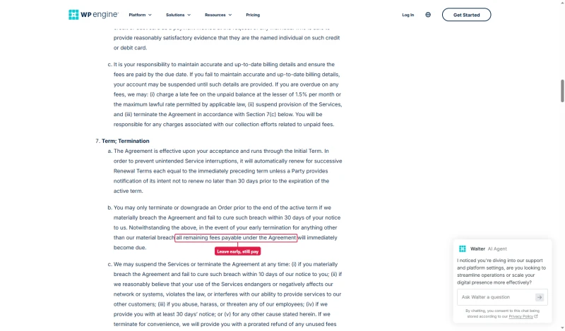 WP Engine Terms of Service, term and termination: ending early makes all remaining fees under the agreement due