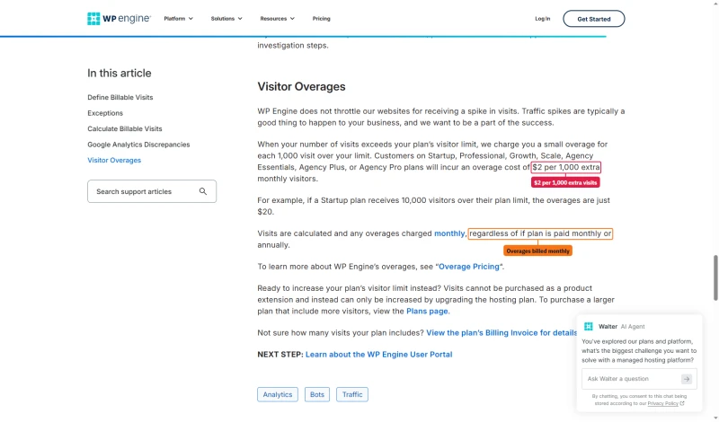 WP Engine Visitor Overages article: $2 per 1,000 extra visitors, charged monthly whether paid monthly or annually