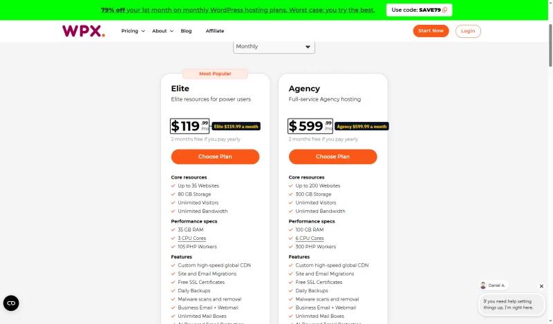 WPX Agency cart, monthly: Elite $119.99 for 35 sites, Agency $599.99 for 200 sites, unlimited bandwidth
