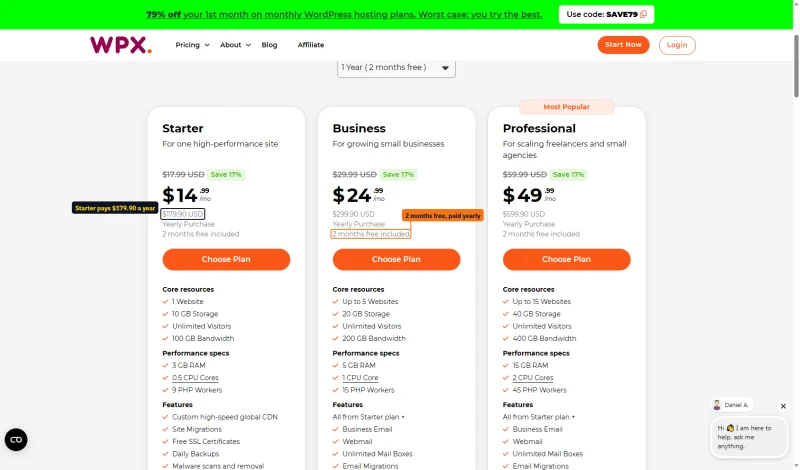 WPX cart on 1 year: Starter $14.99 a month, $179.90 yearly, Business $299.90, Professional $599.90, 2 months free