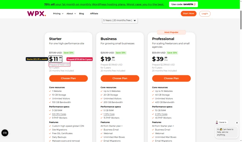 WPX cart on 5 years: Starter $11.99 a month, prepaid $719.60, Business $19.99, Professional $39.99