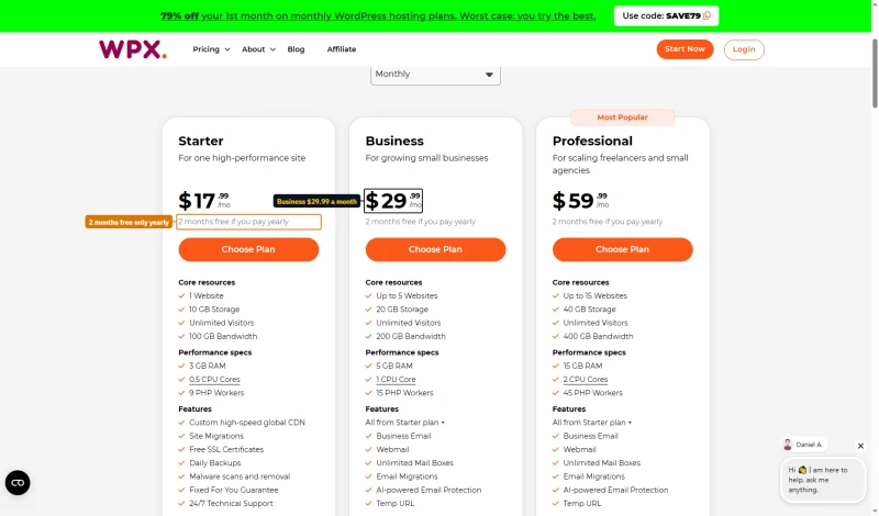 WPX WordPress cart, monthly: Starter $17.99, Business $29.99, Professional $59.99, two months free if paid yearly