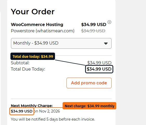 WPX order summary: WooCommerce Powerstore monthly, total due today $34.99, next monthly charge $34.99