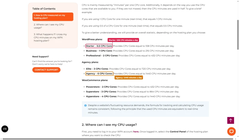 WPX knowledge base CPU minutes: Starter 108 a day, Business 216, Professional 432, Elite 720, Agency 1440