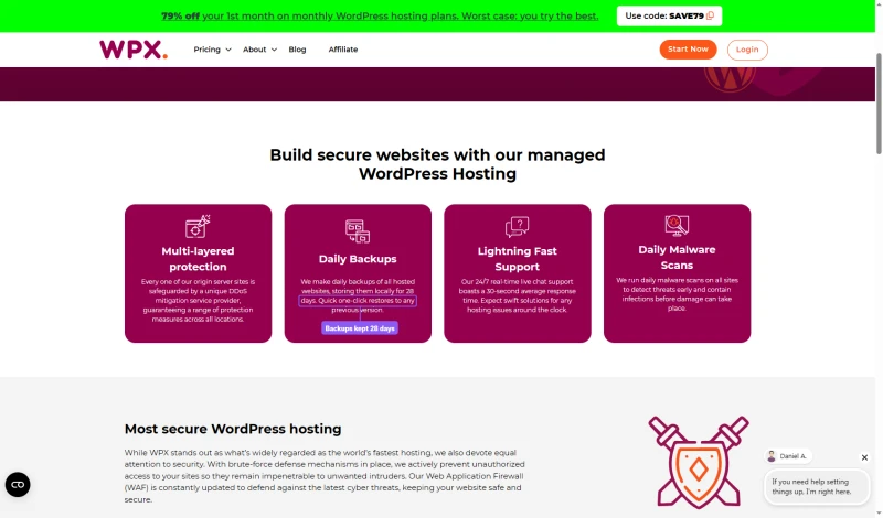 WPX security page: daily backups of all hosted websites, stored locally for 28 days, one-click restore