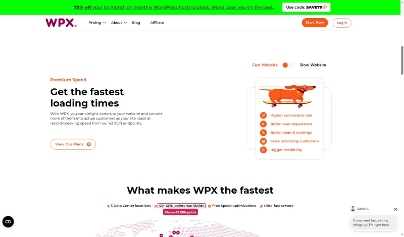 WPX homepage: your site loads from our 43 XDN endpoints, with 43+ XDN points worldwide and 3 data center locations
