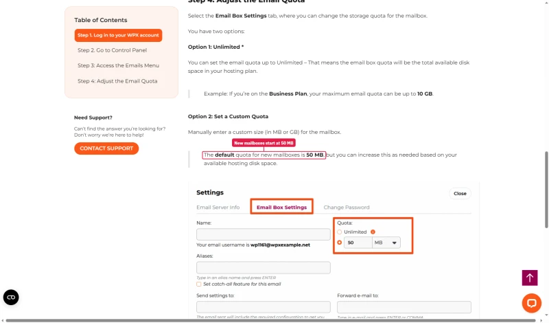 WPX mailbox article: the default quota for new mailboxes is 50 MB; on the Business plan it can go up to 10 GB