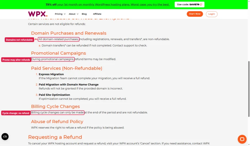 WPX refund policy: domain purchases not refundable, promotions may modify refund terms, billing cycle changes not refunded