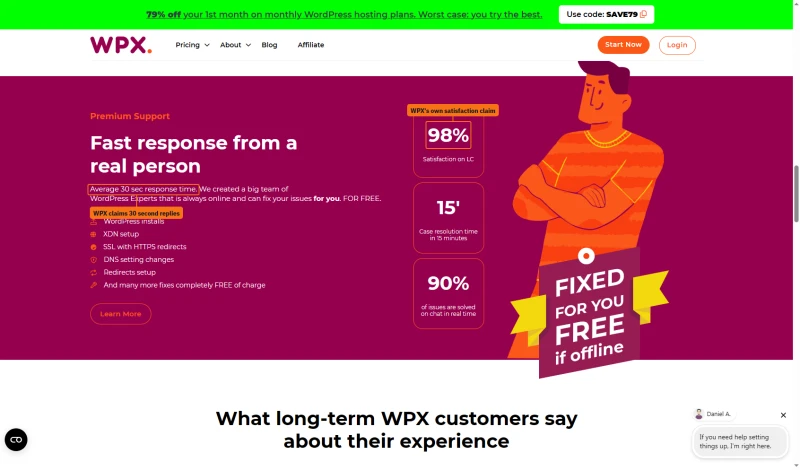 WPX homepage support claims: average 30 sec response time, 98% satisfaction on live chat, 15 minute case resolution