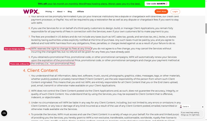 WPX Terms of Service: WPX reserves the right to change its fees at any time; promotions renew at the ordinary fee