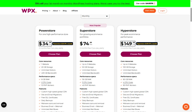 WPX WooCommerce cart, monthly: Powerstore $34.99 for 1 website, Superstore $74.99, Hyperstore $149.99